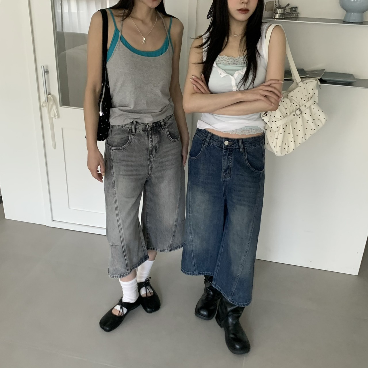 ISA_NY街頭時報 復古做舊刷色牛仔七分褲_62001