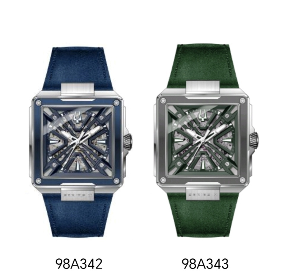 Bulova Series X Automatic Skeleton Dial Men's 98A342 Blue Dial , 98A343 Green Dial  Leather Strap Series Men's Watch  寶路華 X 系列自動鏤空男士腕錶