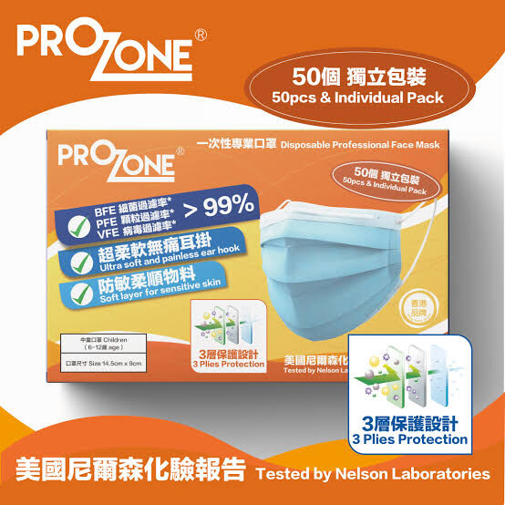 ProZone ASTM 中童(約6-12歲適用) 醫療防護口罩(50個-獨立包裝)
