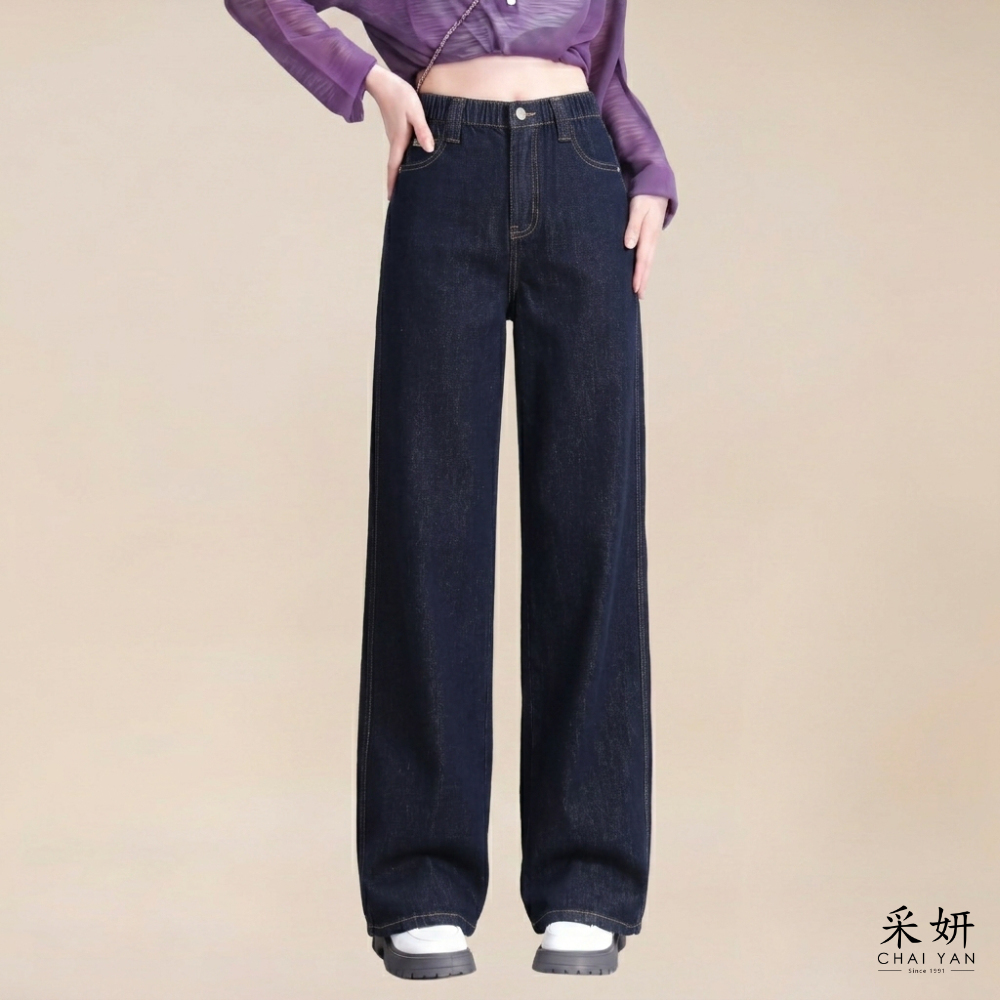 立體皮標牛仔直筒褲