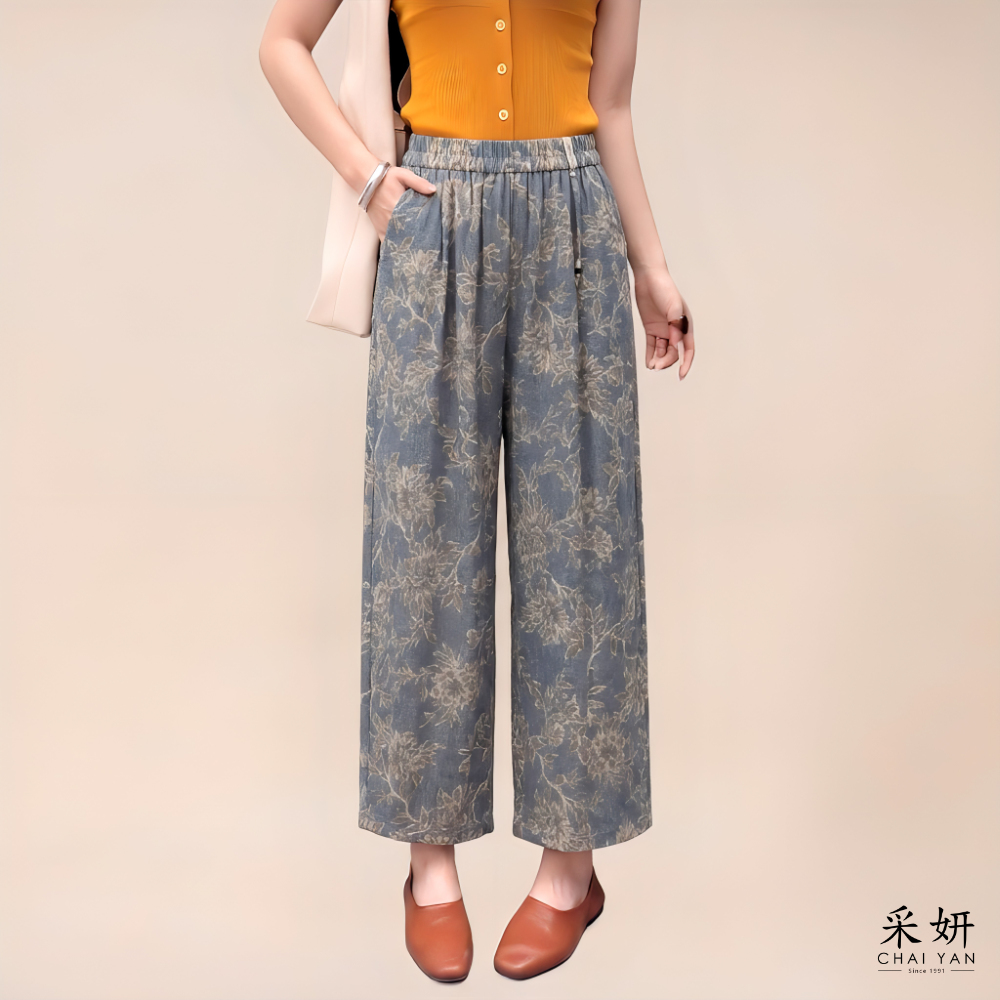 垂墜拉繩花布寬褲
