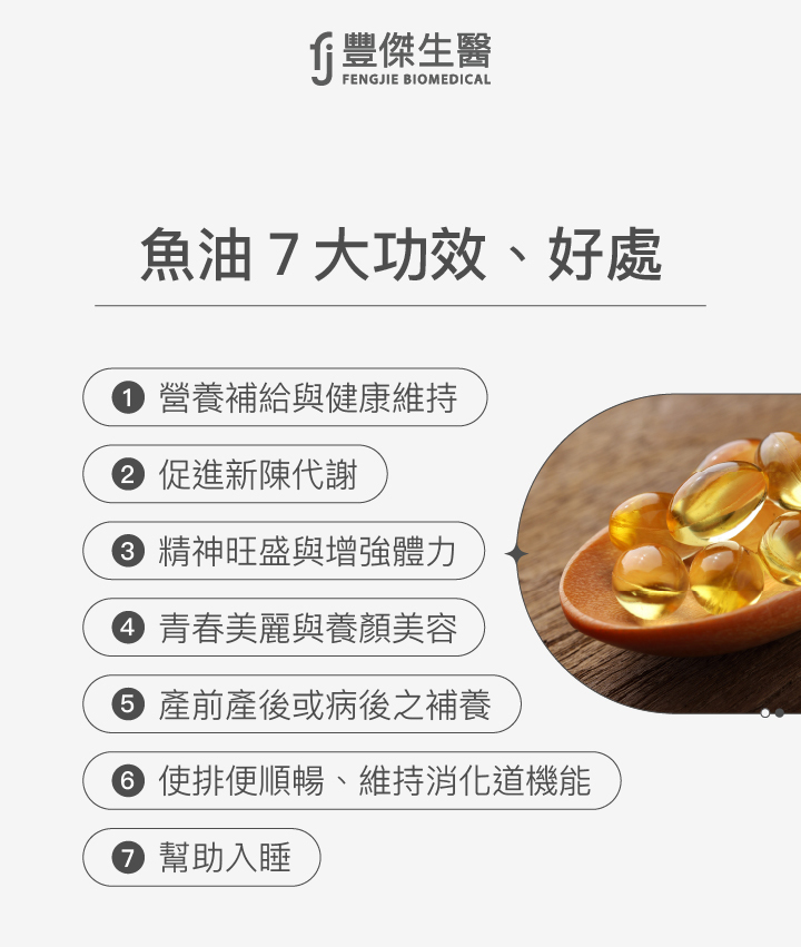 魚油的7大功效與好處：1. 營養補給與健康維持，2. 促進新陳代謝，3. 精神旺盛與增強體力，4. 青春美麗與養顏美容，5. 產前產後或病後之補養，6. 使排便順暢、維持消化道機能，7. 幫助入睡。