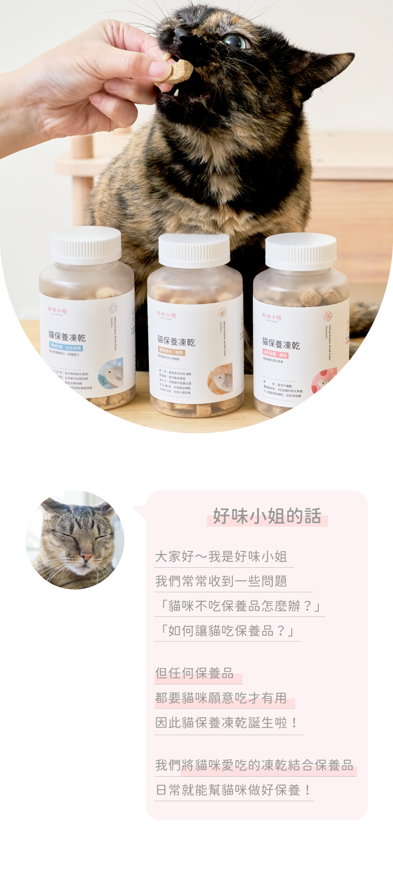 好味貓保養凍乾產品特色：針對貓咪日常常見的情緒、泌尿、腸胃問題設計