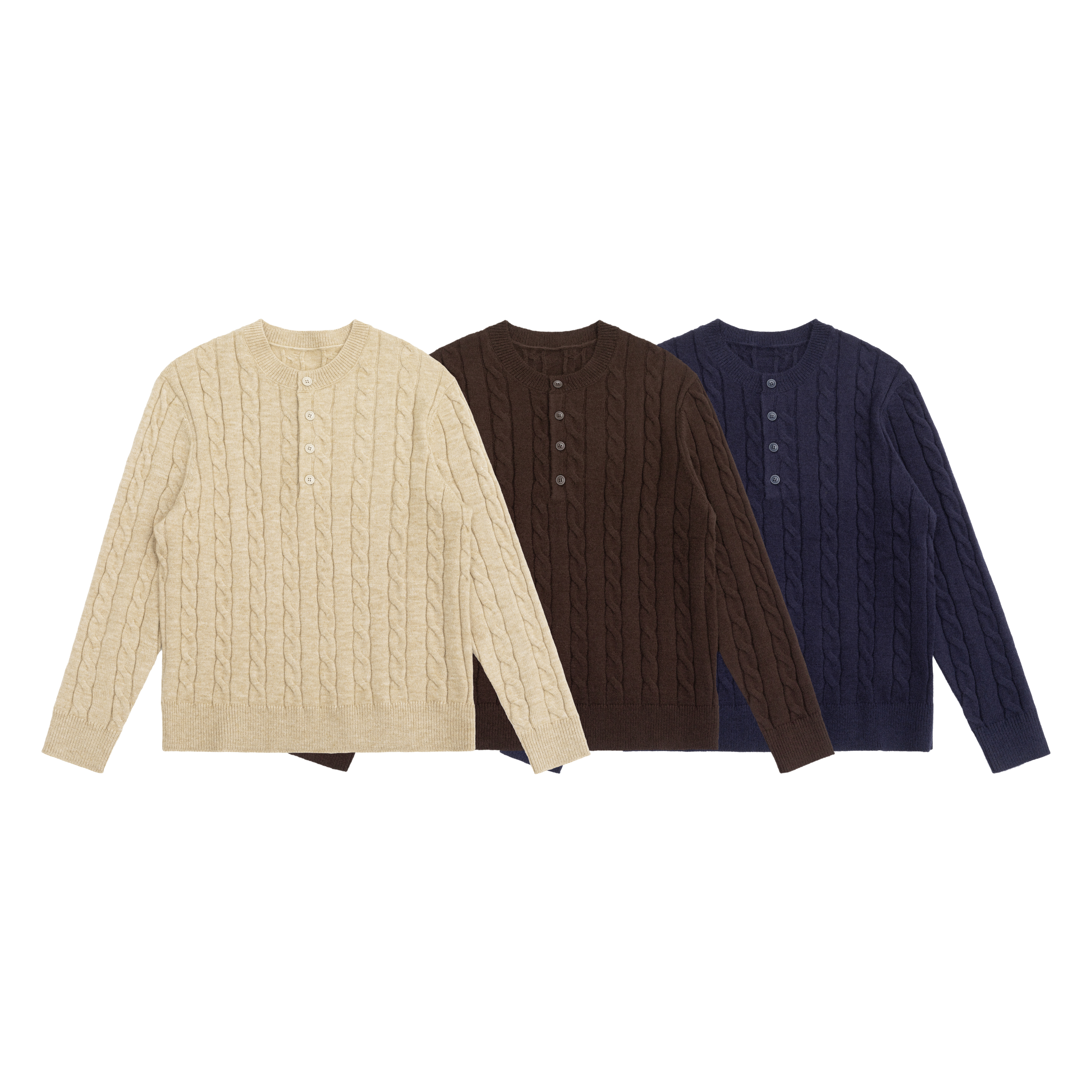 RETRO CABLE-KNIT HENLEY NECK LONG-SLEEVE SWEATER