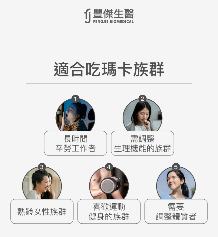 適合吃瑪卡的族群包含:長時間辛勞工作者、需調整生理機能者、熟齡女性、喜歡運動健身者及需要調整體質者。