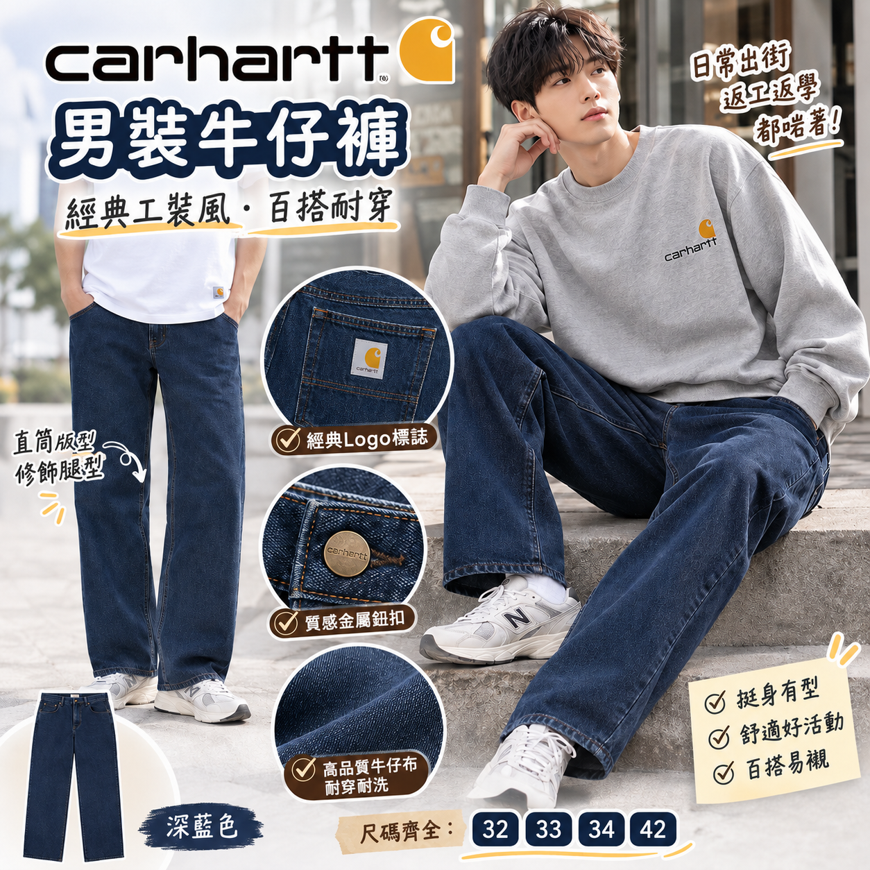 【預購】CARHARTT H082703 男裝牛仔長褲 (深藍色)