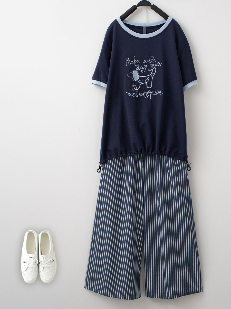 刺繡撞色寬鬆上衣水洗直紋牛仔寬褲組合