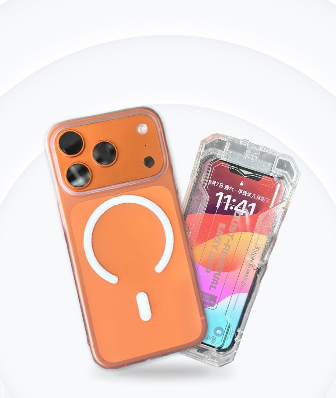 橘色 iPhone 裝上 Londonimg Air Lite Case 磨砂超薄手機殼並貼上極地冰盾保護貼，殼身與螢幕同時有防護