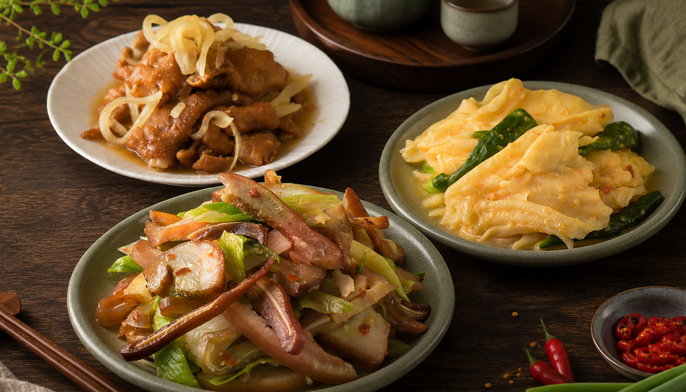 協發行泡菜老饕蒜苗豬、黃金鴨掌、泰式酸辣鳳爪盤裝呈現
