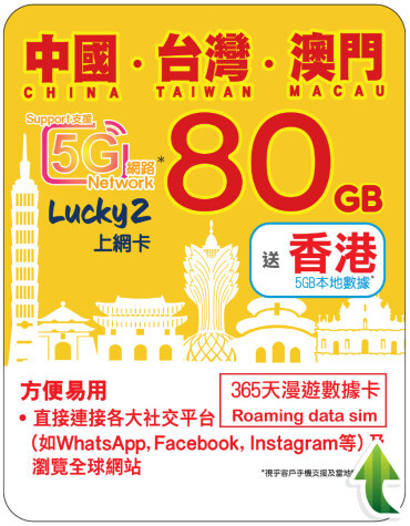 Lucky2 |【中台澳】5G 漫遊數據卡 上網卡 365日 80GB +送香港5GB