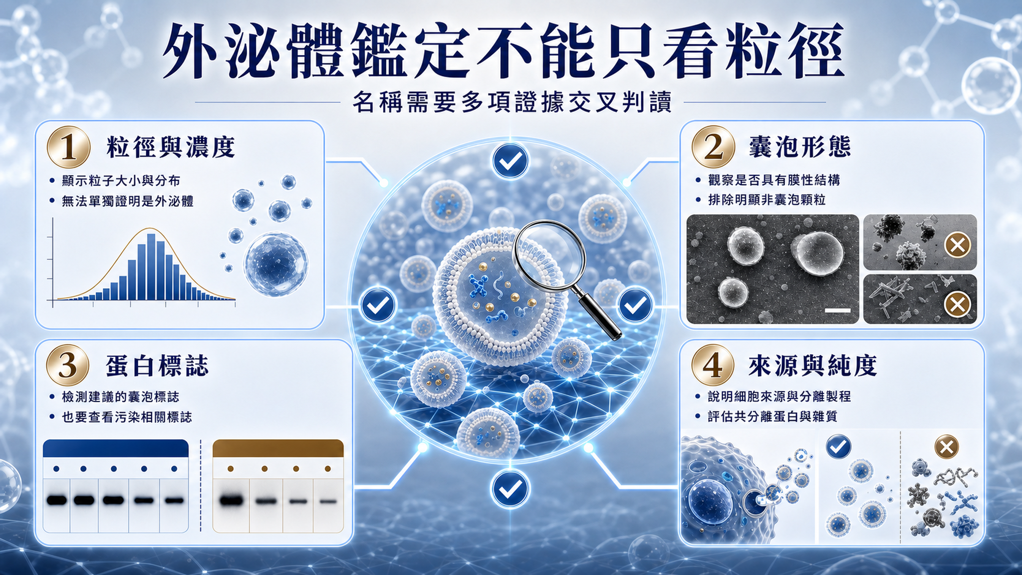 外泌體鑑定四項證據,包括粒徑濃度、囊泡形態、蛋白標誌與來源純度。