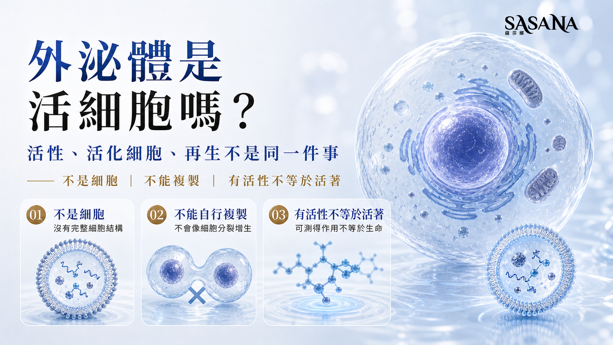 外泌體不是活細胞示意,比較完整細胞、外泌體與自行複製能力。