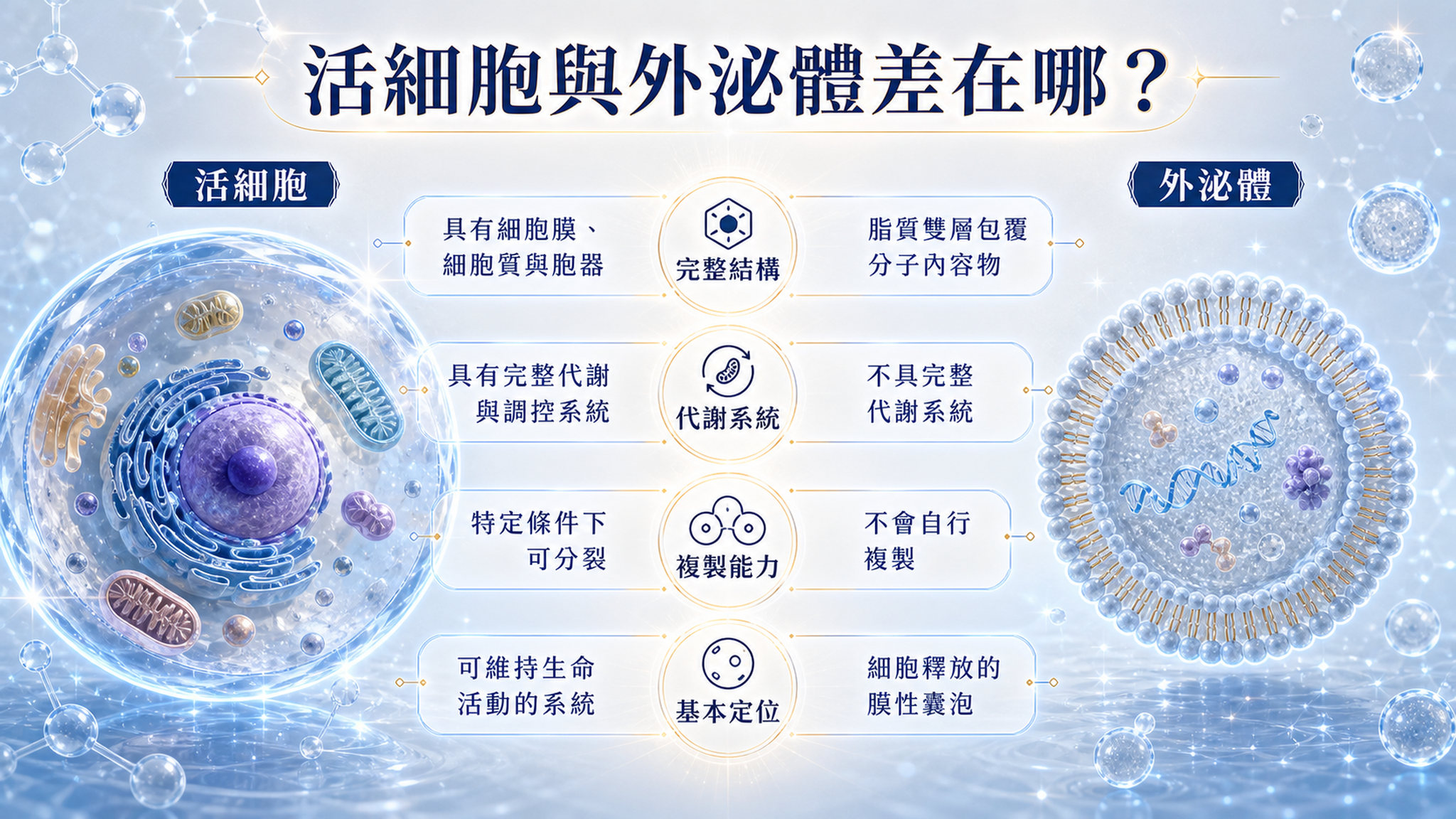 活細胞與外泌體差異圖,比較完整結構、代謝系統、複製能力與基本定位。