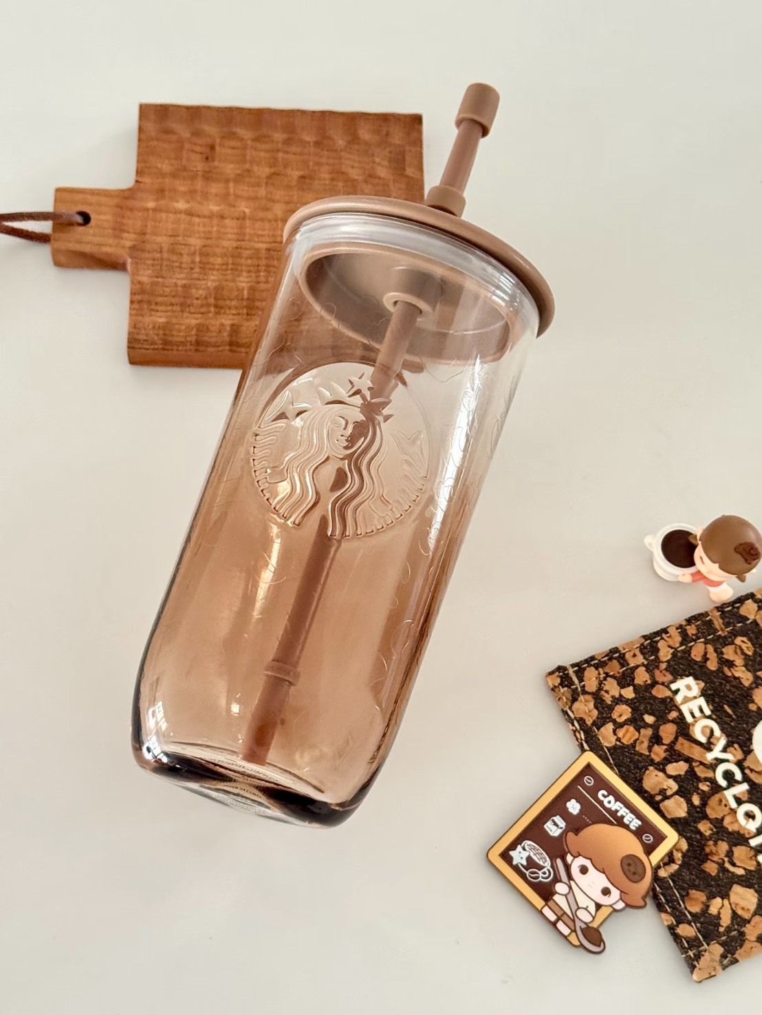 STARBUCKS 星巴克 豹紋棕 三角底 玻璃杯 配吸管 530ML