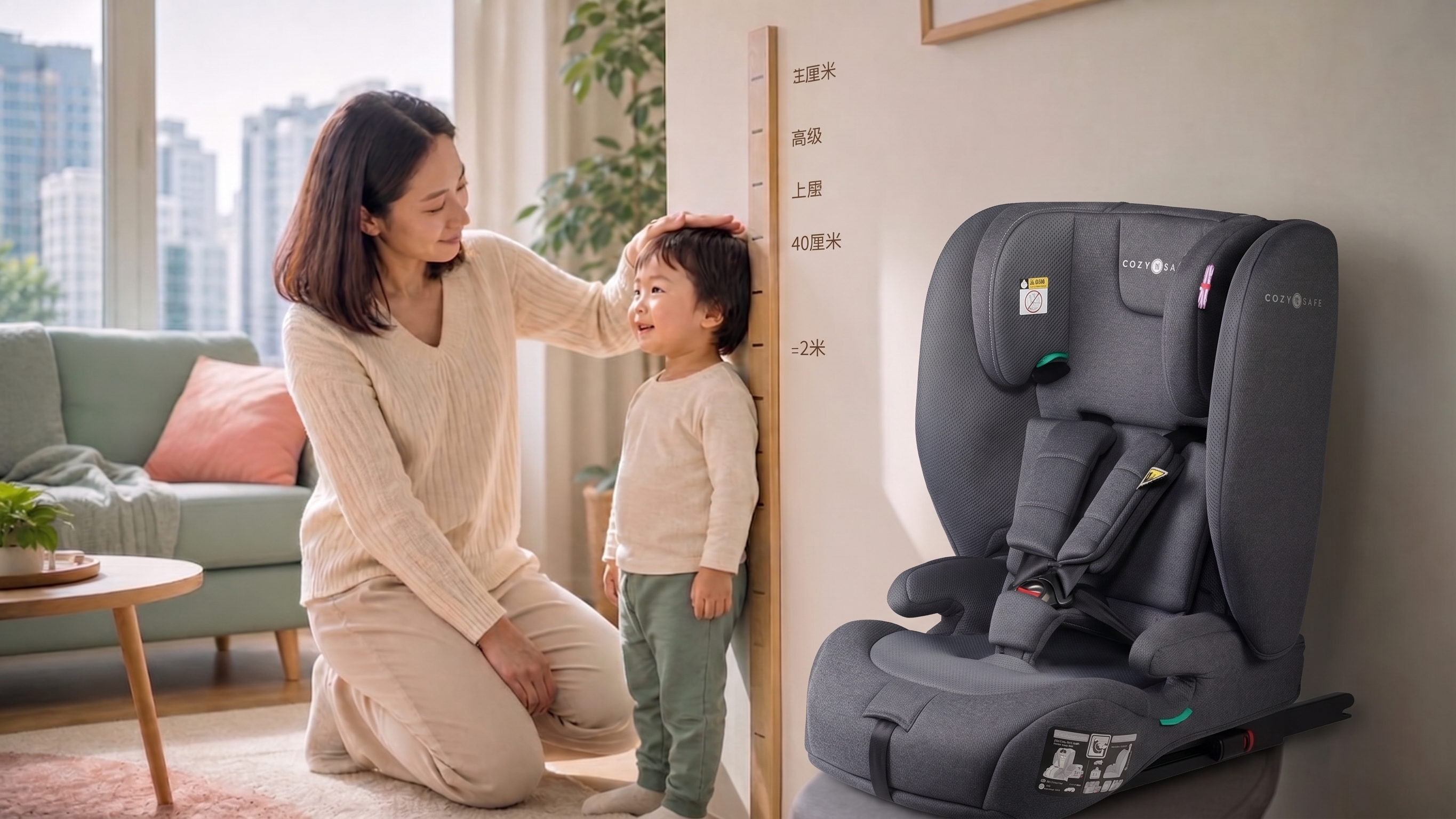 家長量度孩子身高以選擇合適的兒童汽車安全座椅