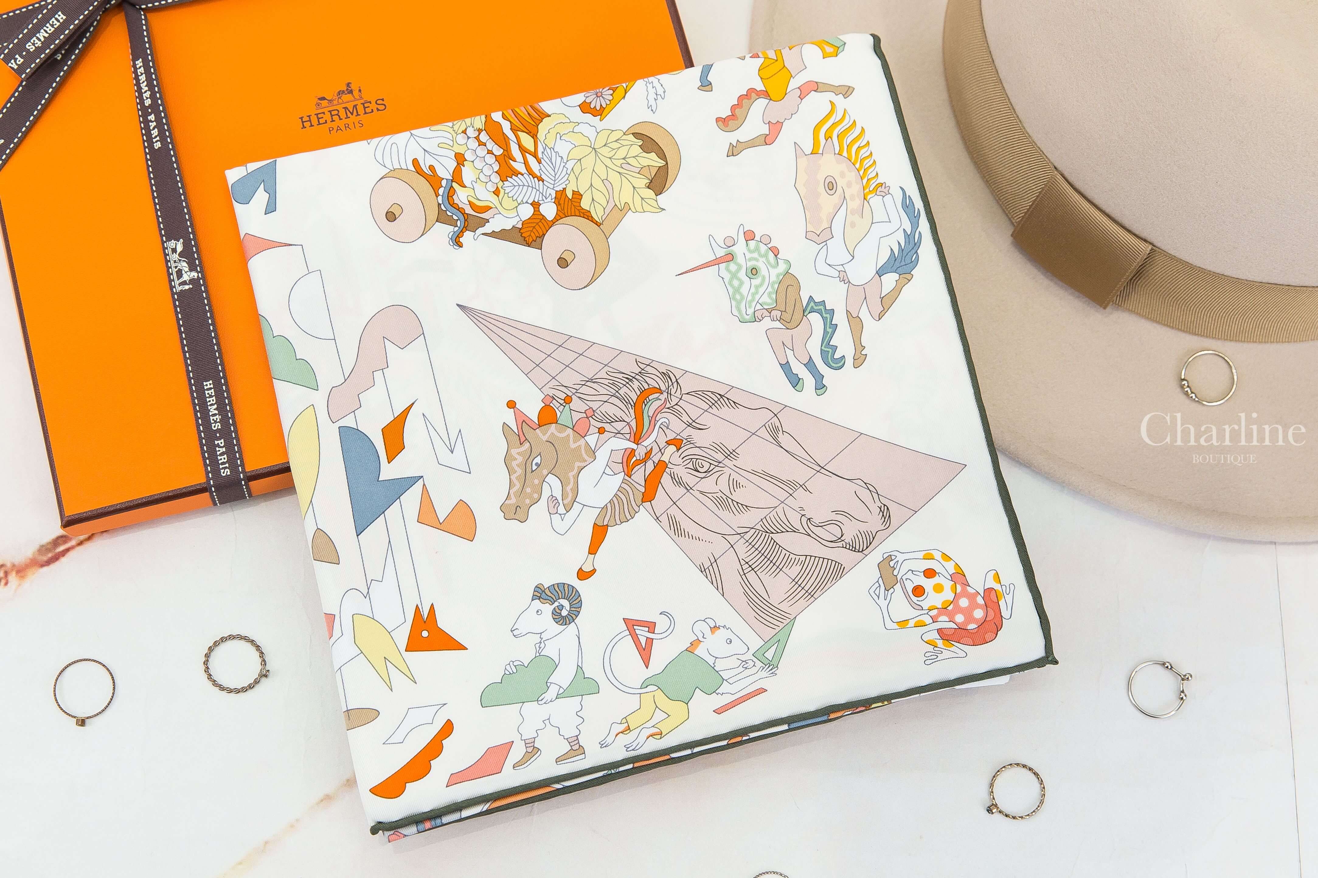 Hermès Academia Hippica Scarf 90 白色/粉紅色/米色馬術學院真絲方巾