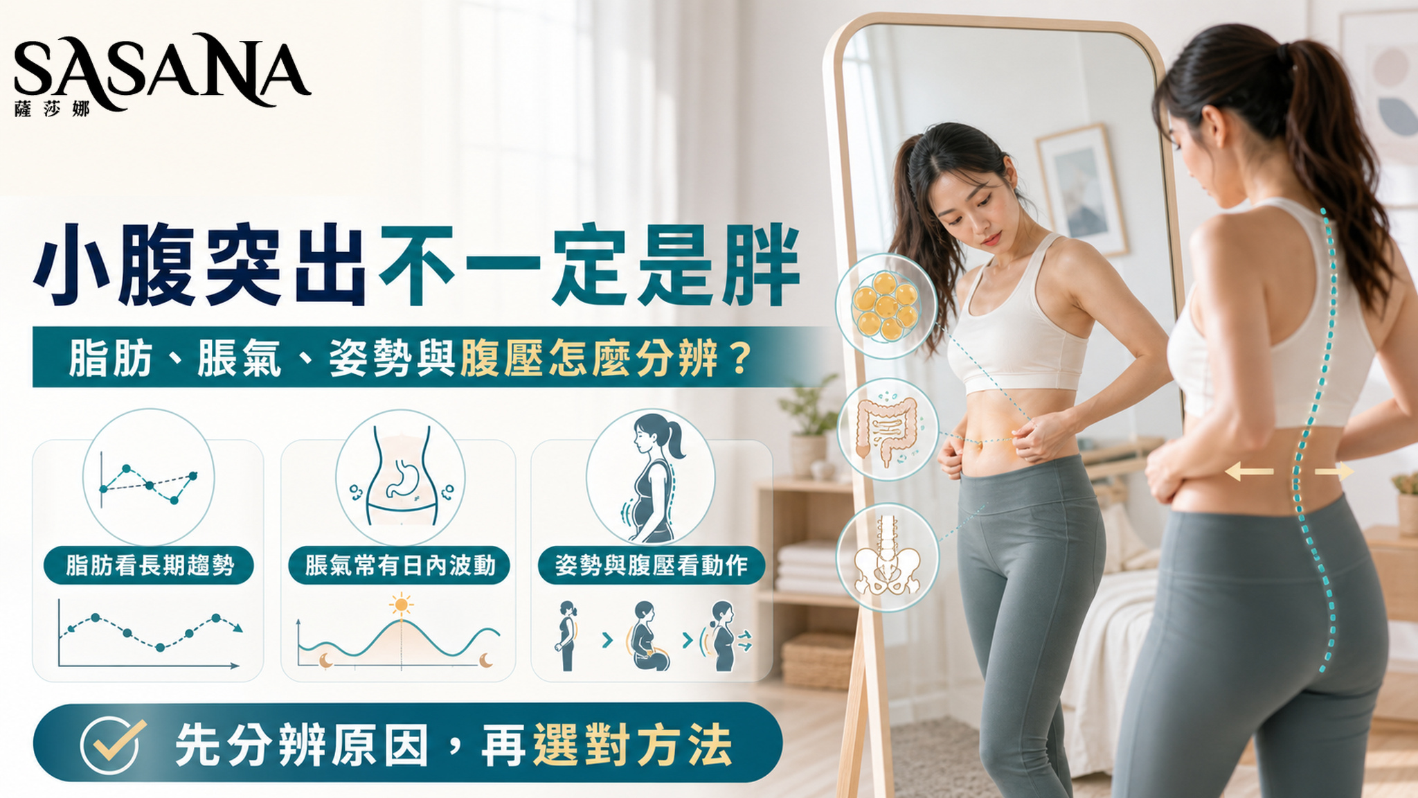 小腹突出可能來自脂肪、脹氣、姿勢或腹壓問題。