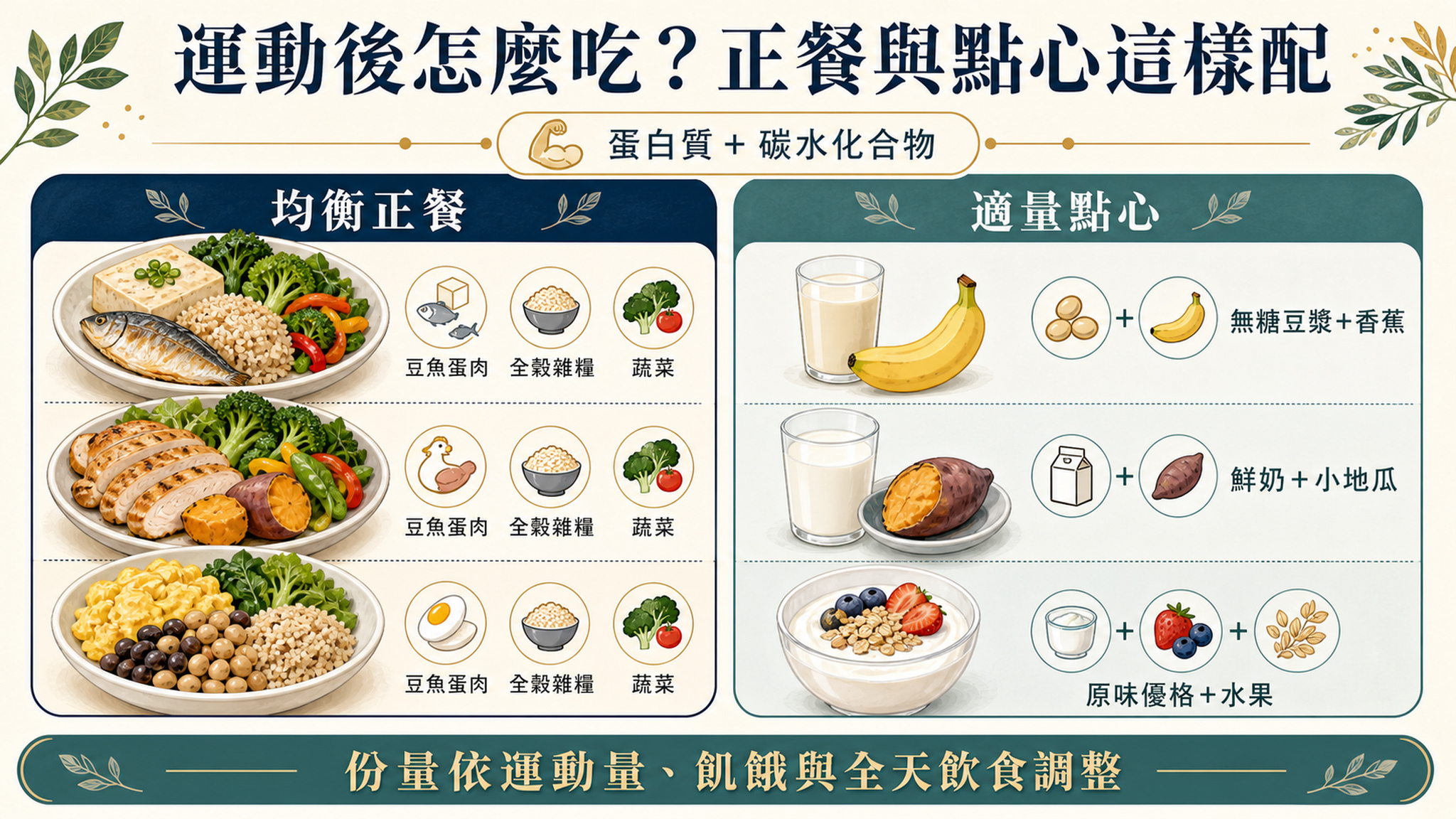 運動後蛋白質與碳水搭配的六個實用餐點範例。