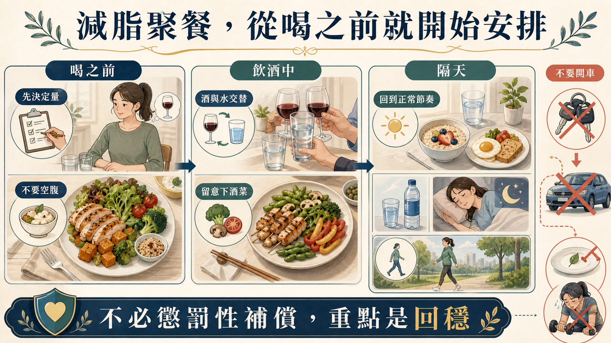 減脂期間飲酒的份量、進食、補水、下酒菜與隔天恢復原則。