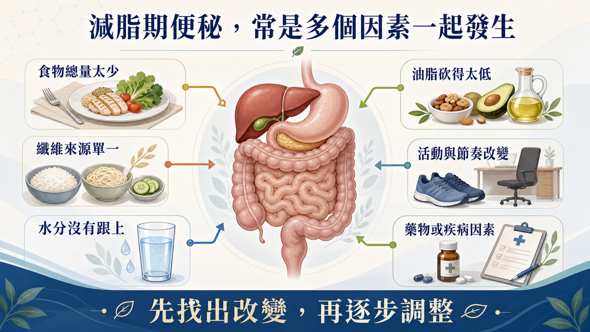 減脂期便秘的六個常見原因,包括食量、纖維、水分、油脂、活動與藥物因素。