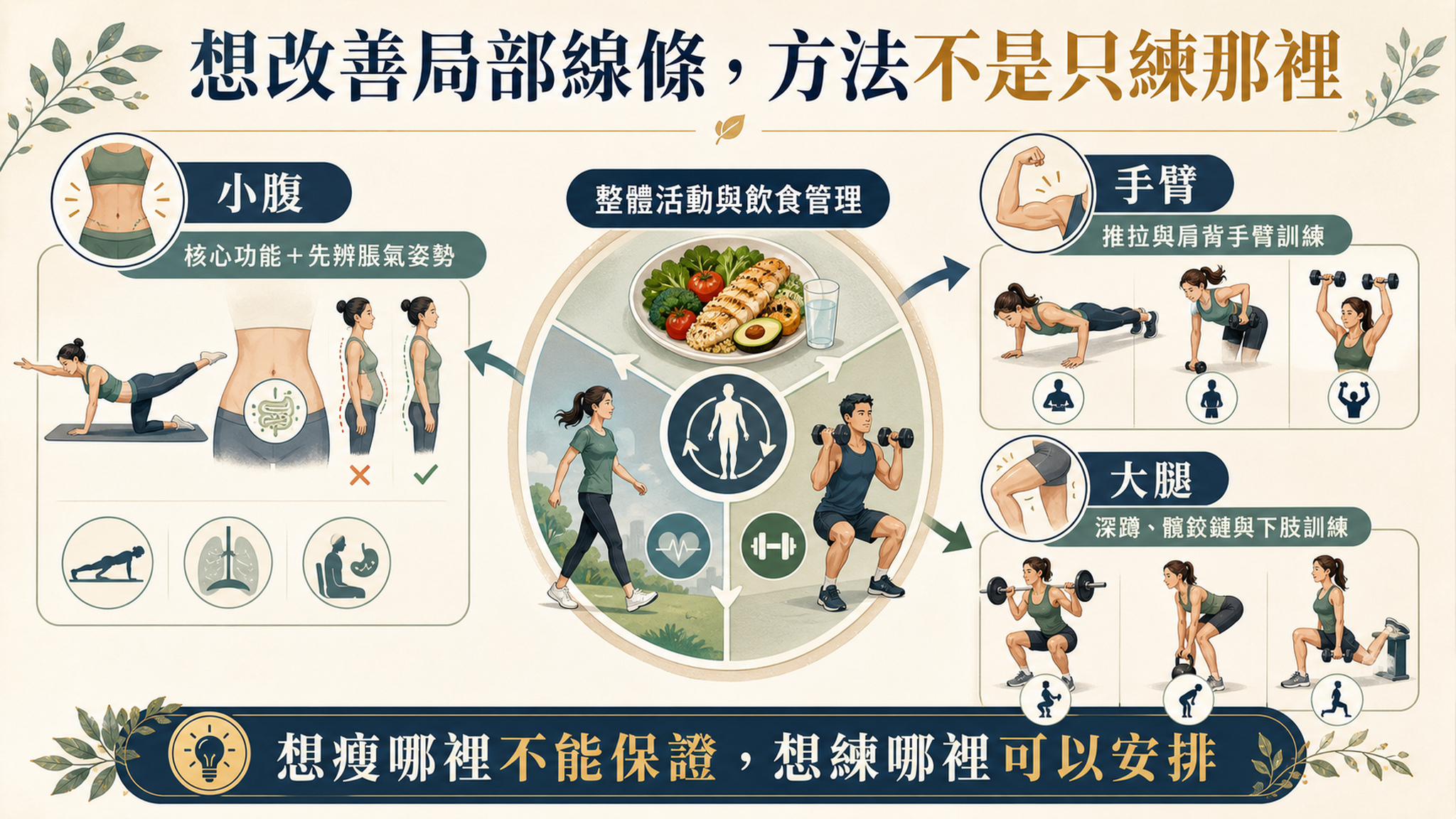 小腹、手臂與大腿的全身減脂、肌力訓練與姿勢改善策略。