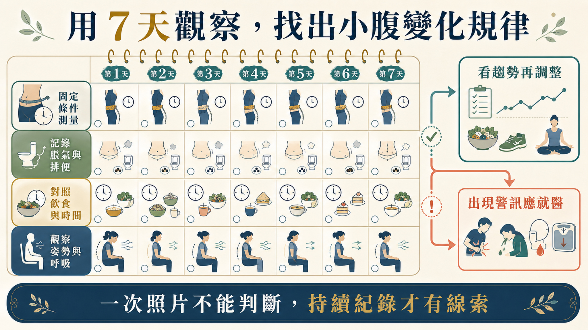 以腰圍、餐前餐後、排便、姿勢與伴隨症狀觀察小腹變化。
