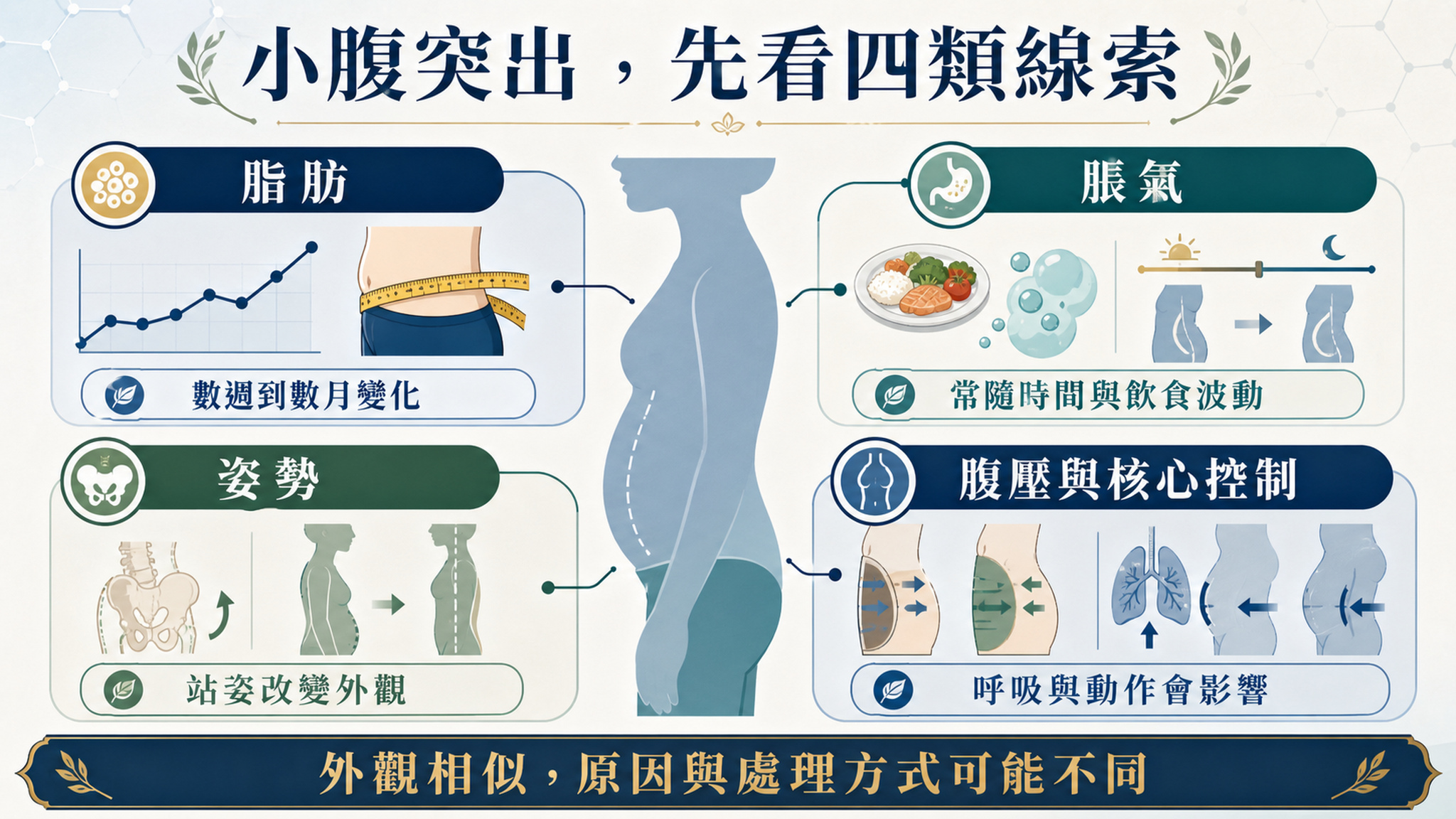 脂肪、腸胃脹氣、姿勢腹壁控制與需要醫療評估的小腹類型。