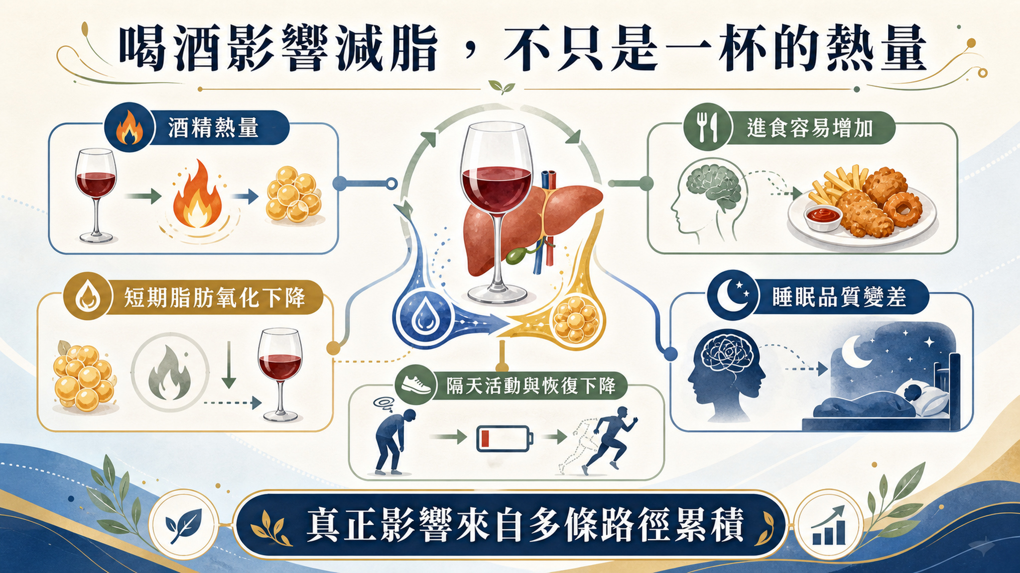 酒精透過額外熱量、食慾、脂肪氧化、睡眠與飲酒量影響減脂。