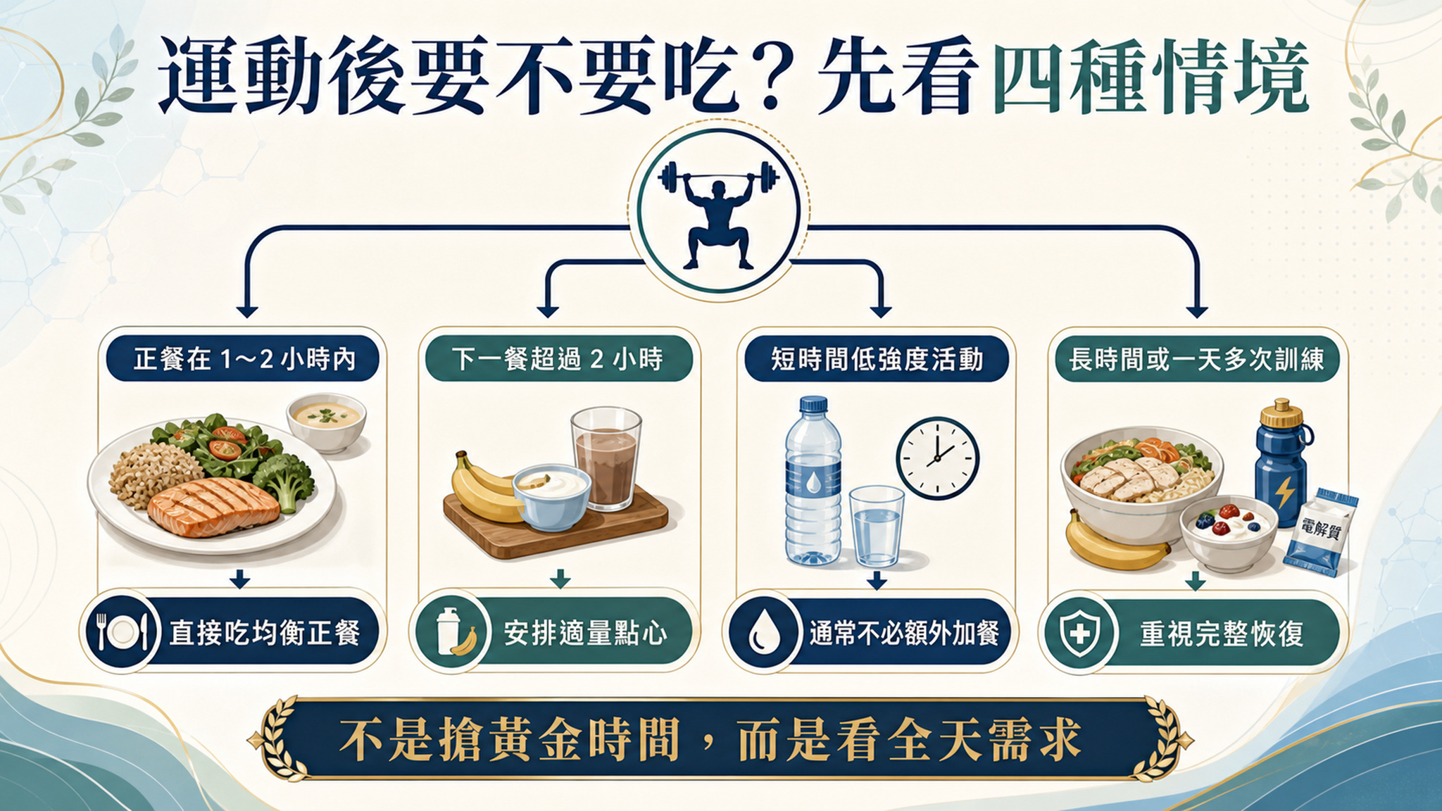 依運動強度、上一餐時間與下一餐距離判斷運動後是否需要進食。