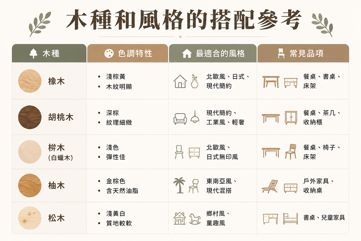 木種風格搭配參考圖表