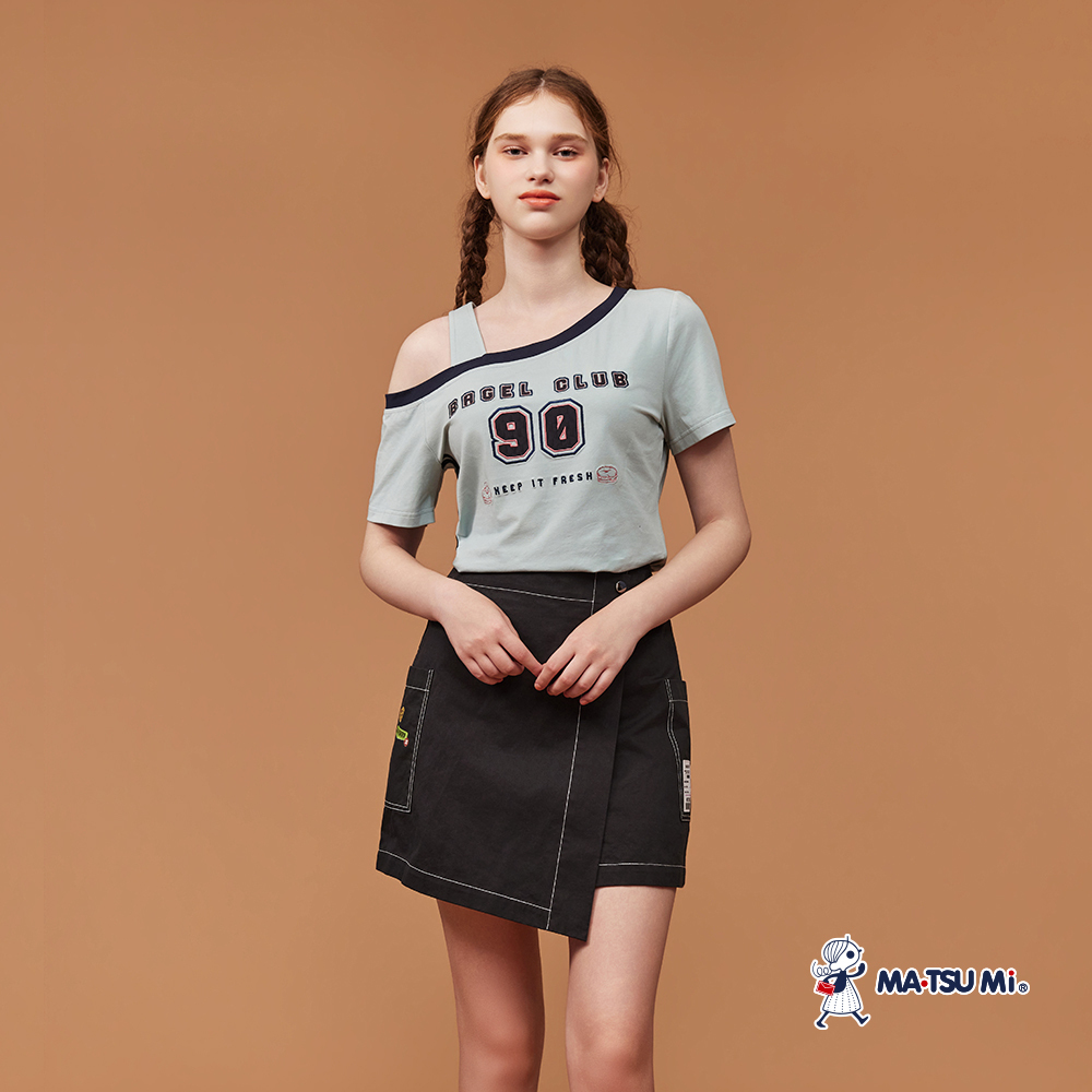 MA‧TSU Mi 美式復古標籤雙扣斜壓片純棉短裙(粉.深藍)