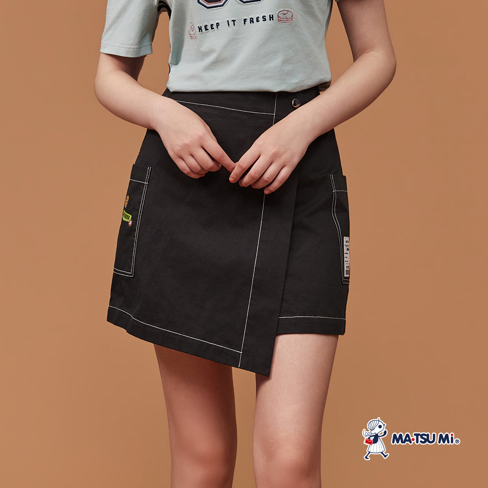 MA‧TSU Mi 美式復古標籤雙扣斜壓片純棉短裙(粉.深藍)
