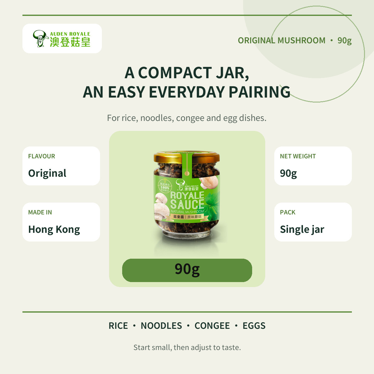 Auden Original Mushroom Royale Sauce 90g infographic with origin and everyday pairings