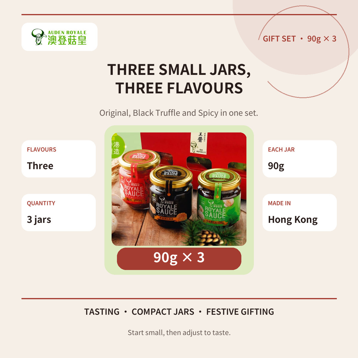 Auden three-flavour mushroom sauce gift set 90g x 3 infographic with Original, Black Truffle and Spicy