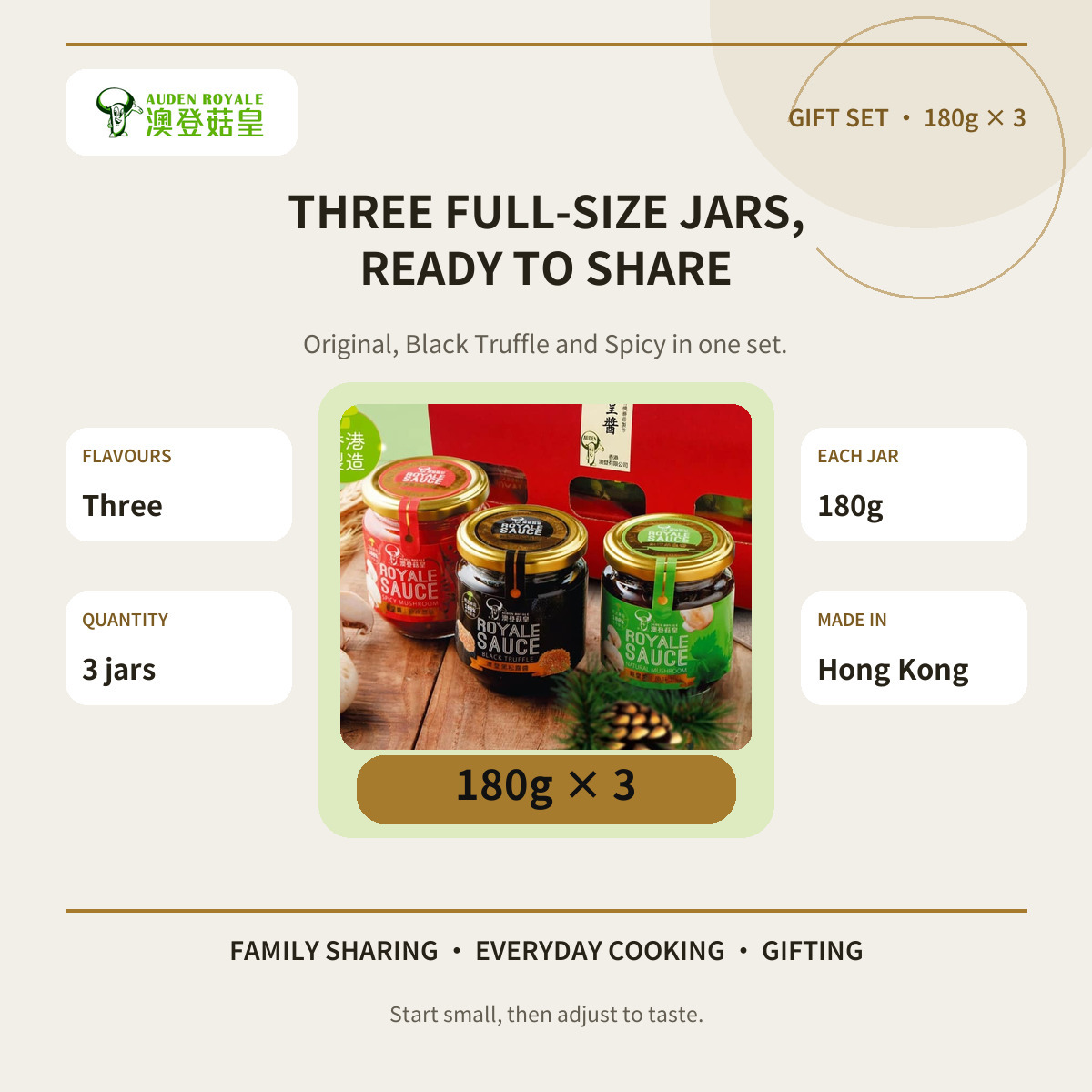 Auden three-flavour mushroom sauce gift set 180g x 3 infographic with Original, Black Truffle and Spicy
