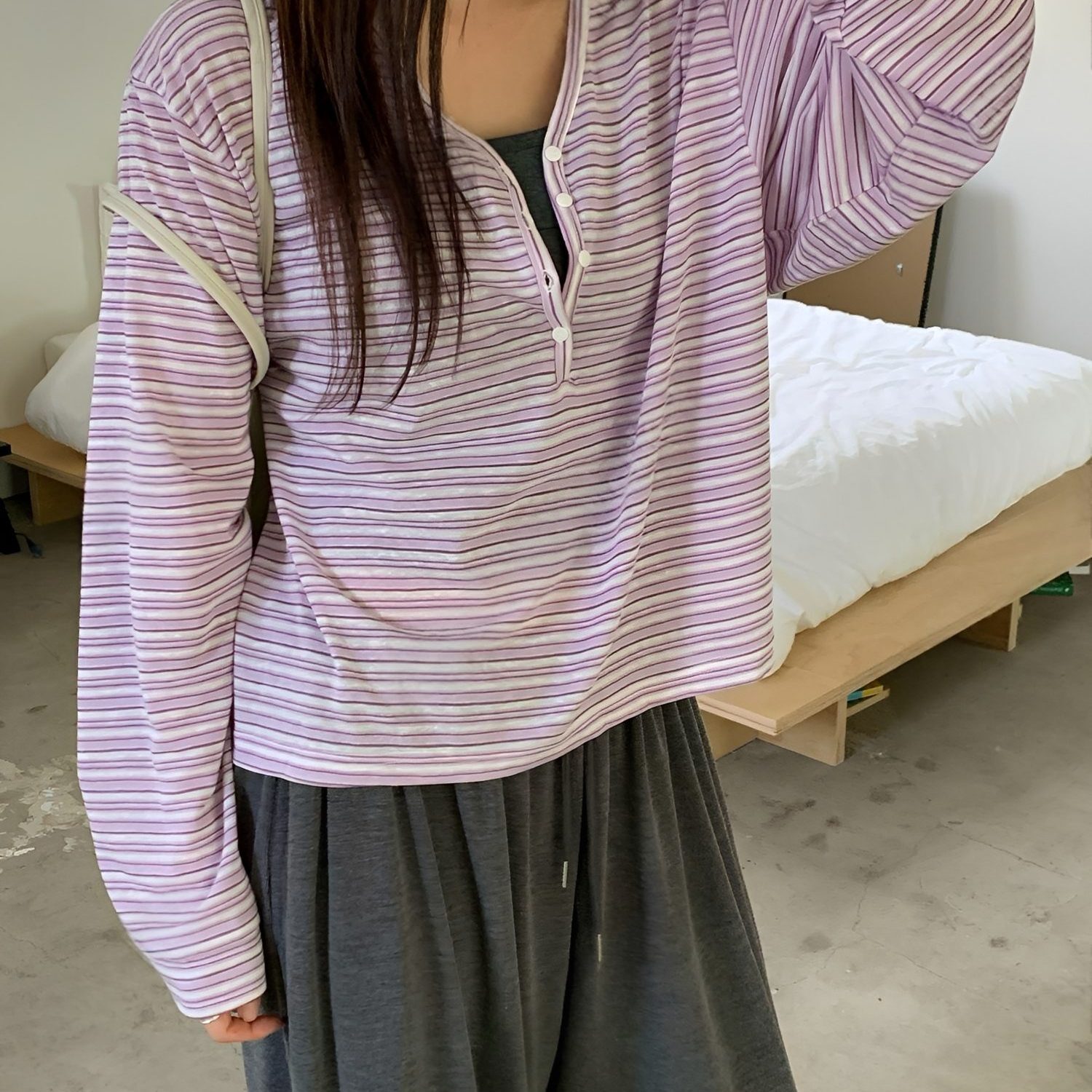 亨利領條紋薄長袖罩衫｜韓系女裝防曬外搭上衣