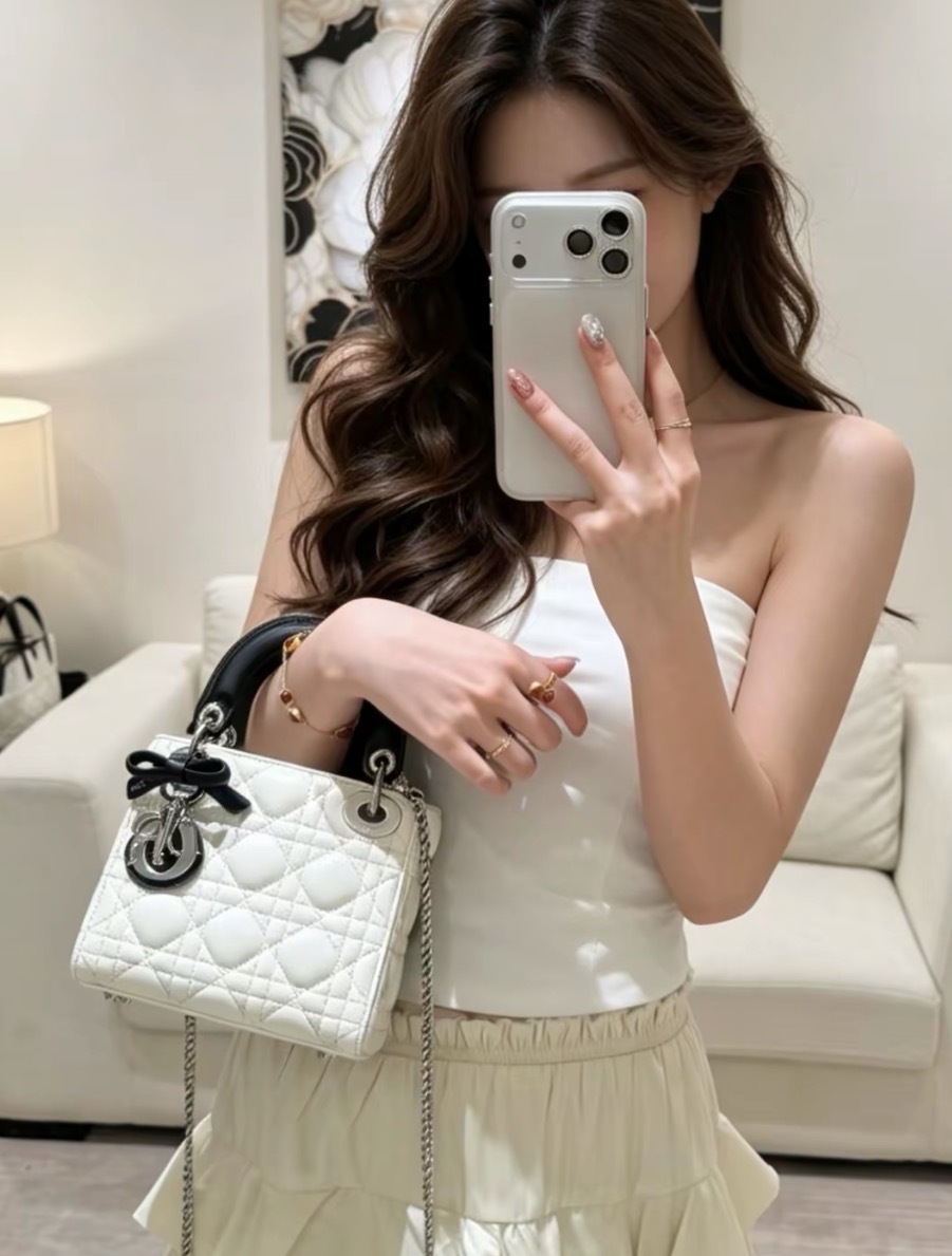 【2色入】Dior Mini Lady Dior Cannage 藤格紋圖案羊皮 手袋 銀扣