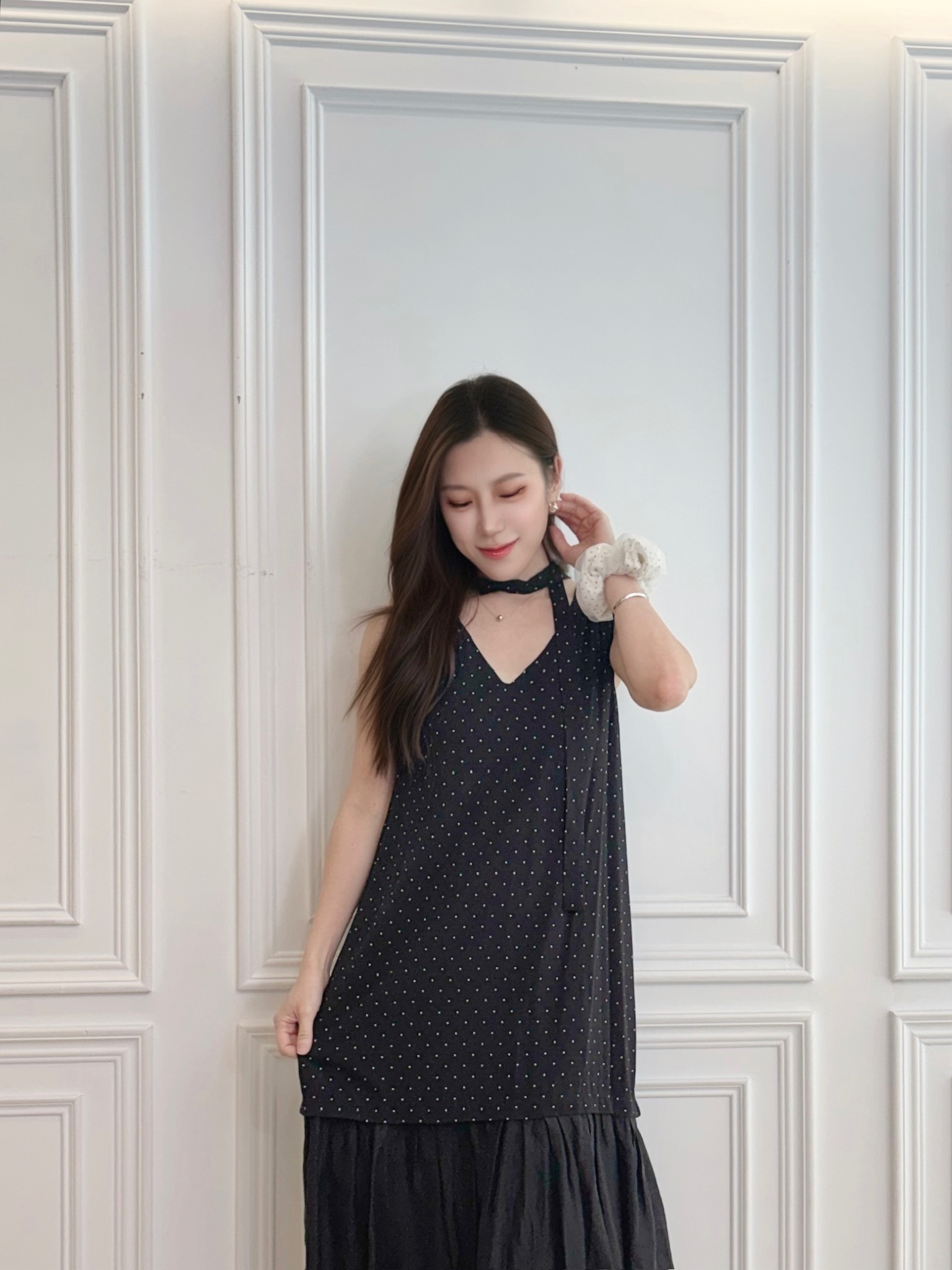 點點V領綁帶透紗長洋