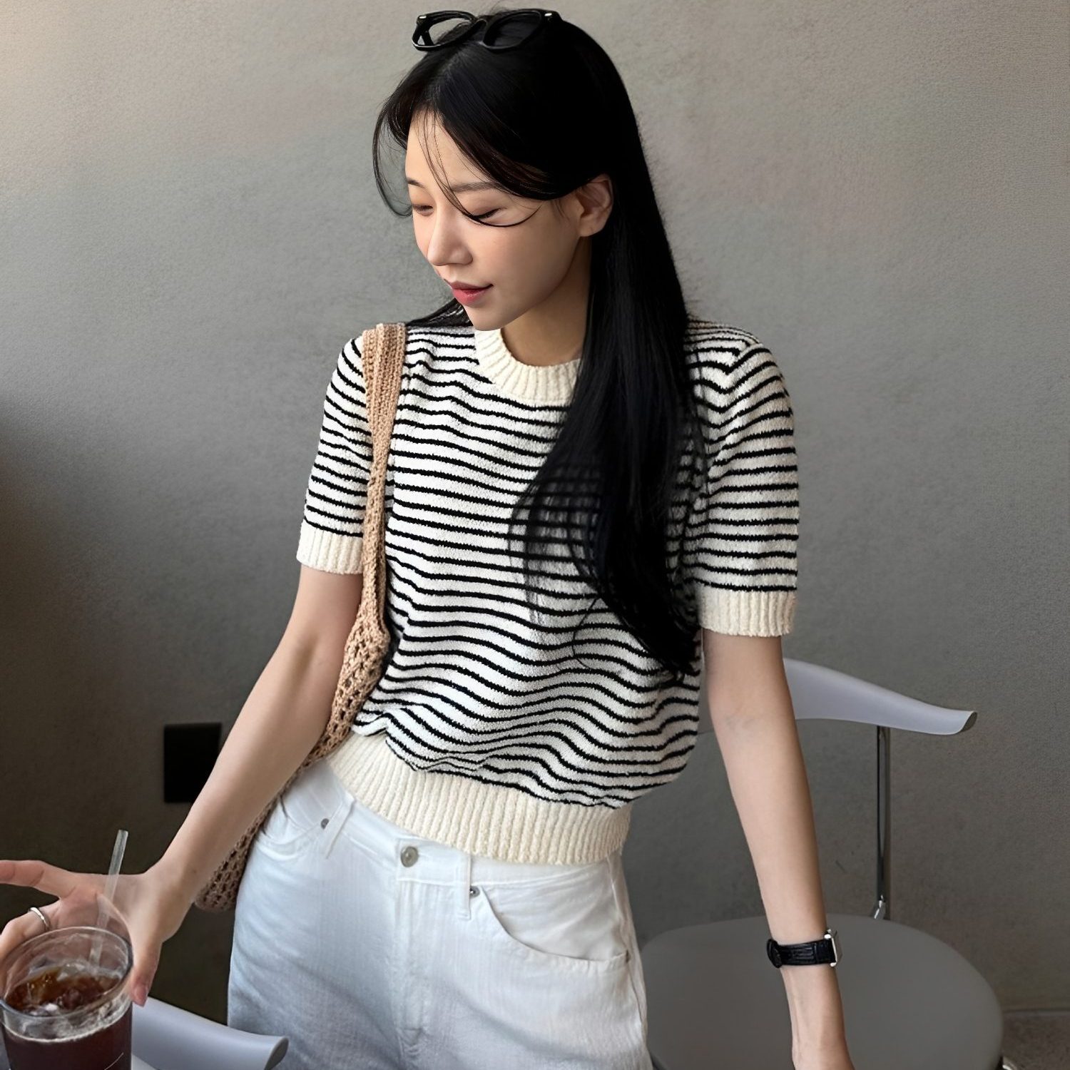 圓領條紋短袖針織衫｜韓系男女同款情侶裝上衣