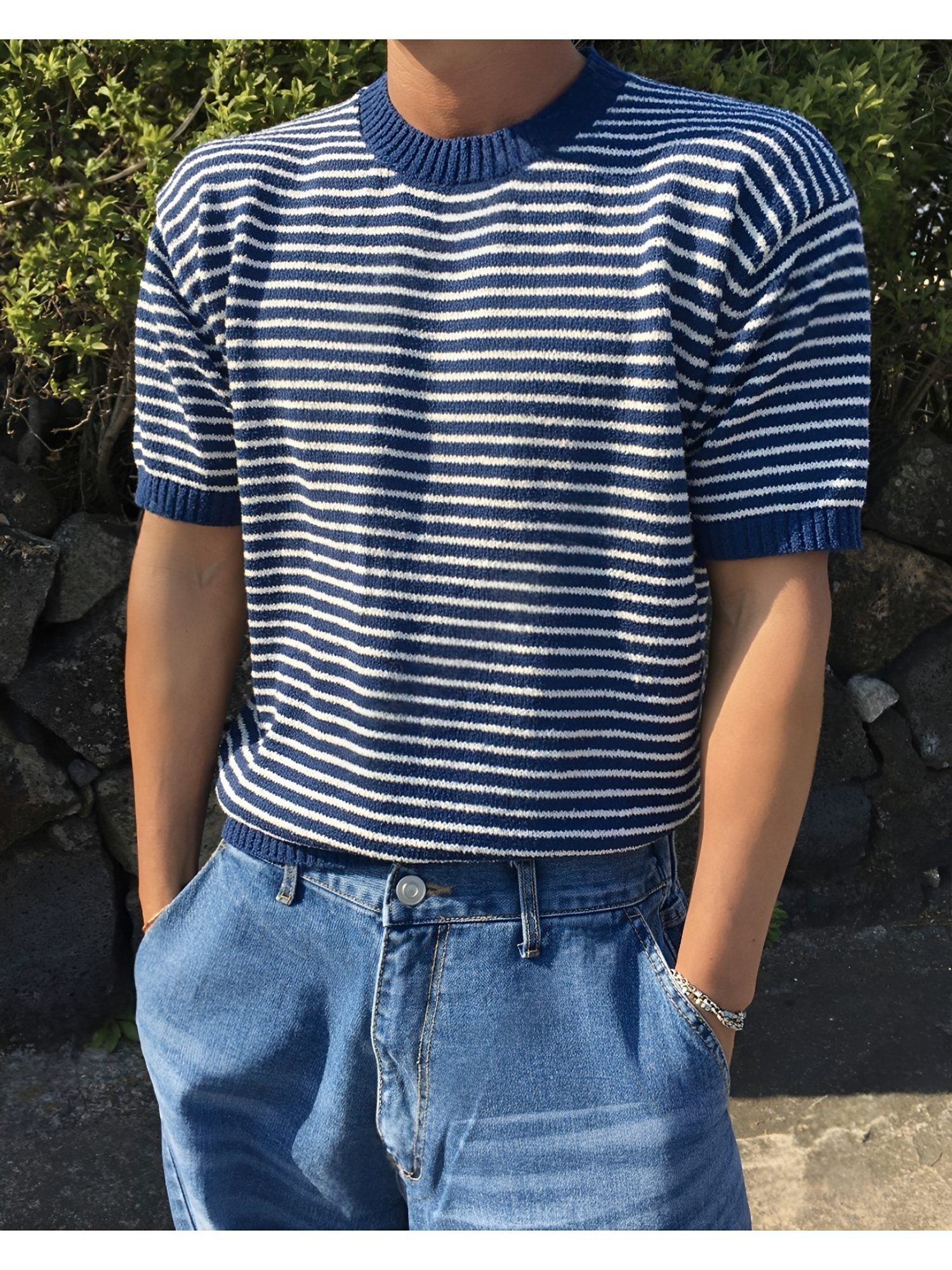 藏青條紋針織衫男款戶外全身 THankus