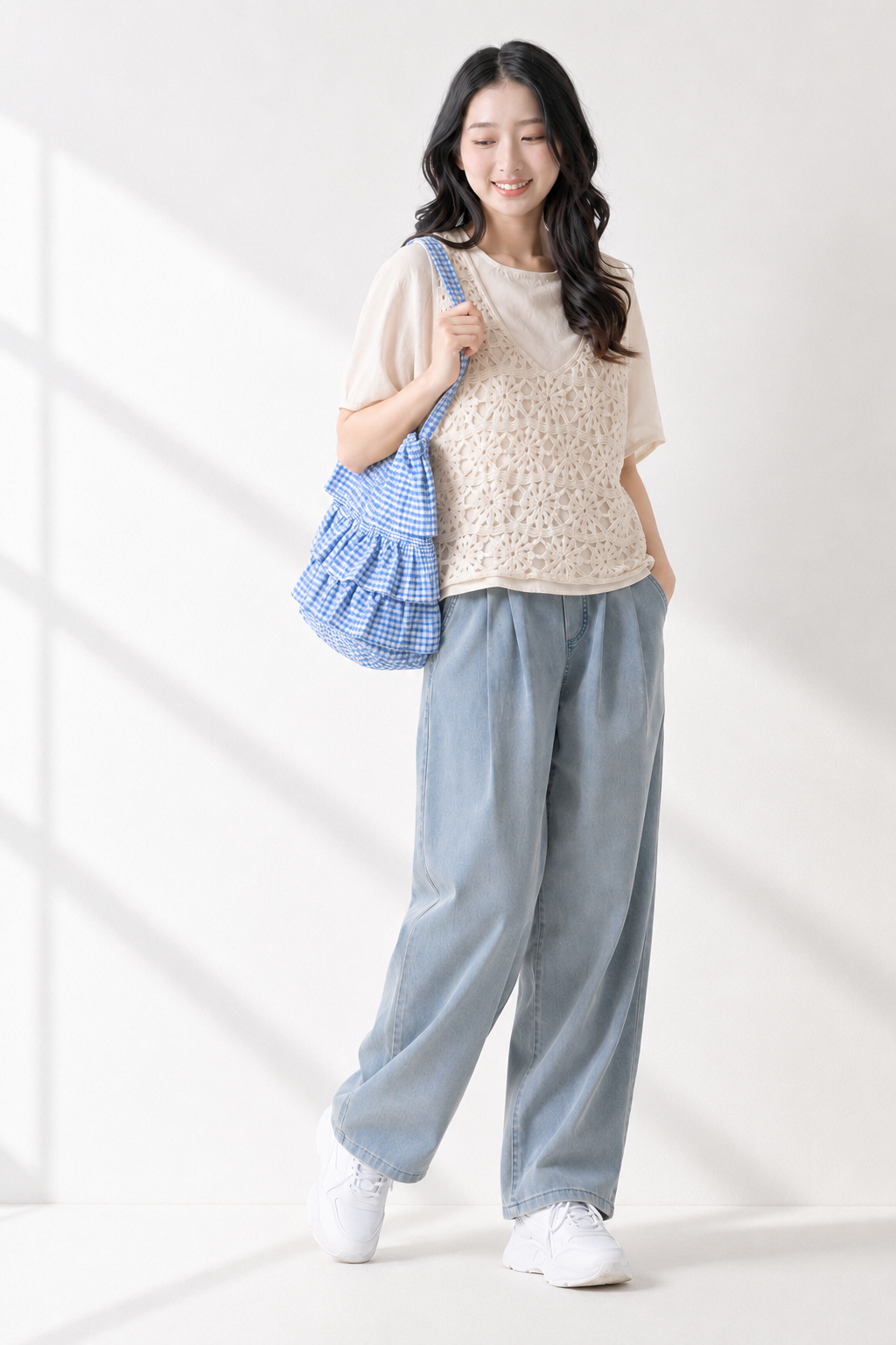 日系清新仿棉麻自然紋理花苞袖上衣