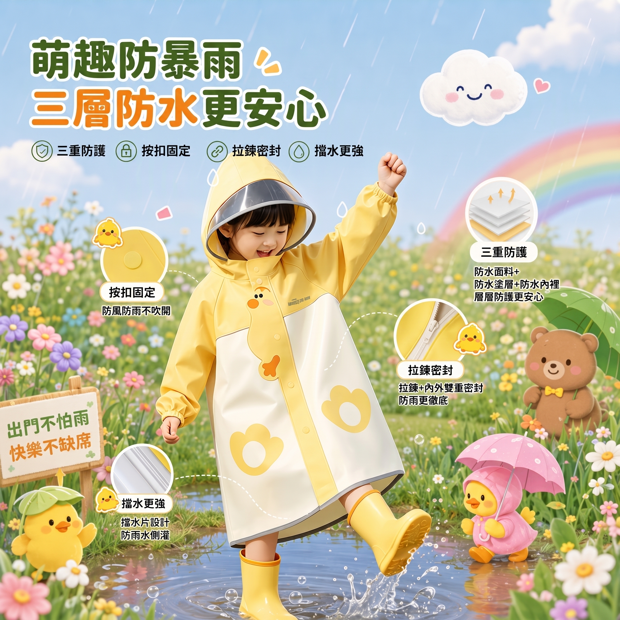 ☔ 韓系萌趣動物防水雨衣｜加大書包位設計