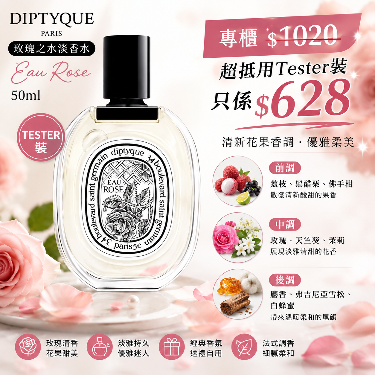 【UB10146】Diptyque Eau Rose 玫瑰之水淡香水 50ml (Tester裝)