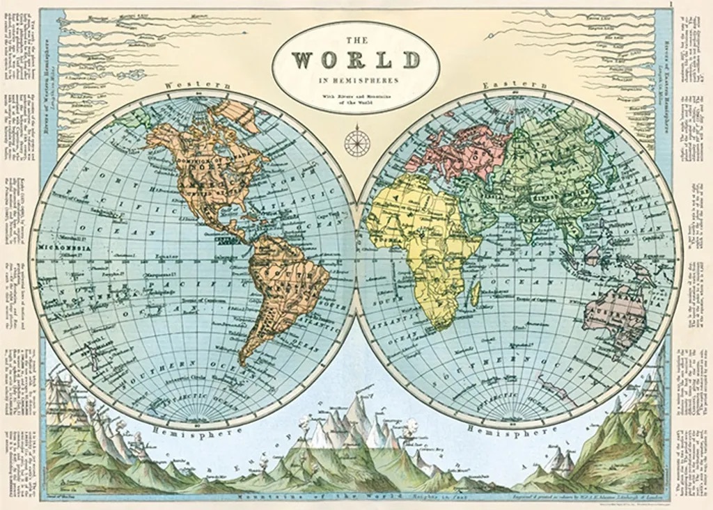 Cavallini｜美國 Cavallini & Co.包裝紙/海報 - 俯視地球2 Hemispheres Vintage Map