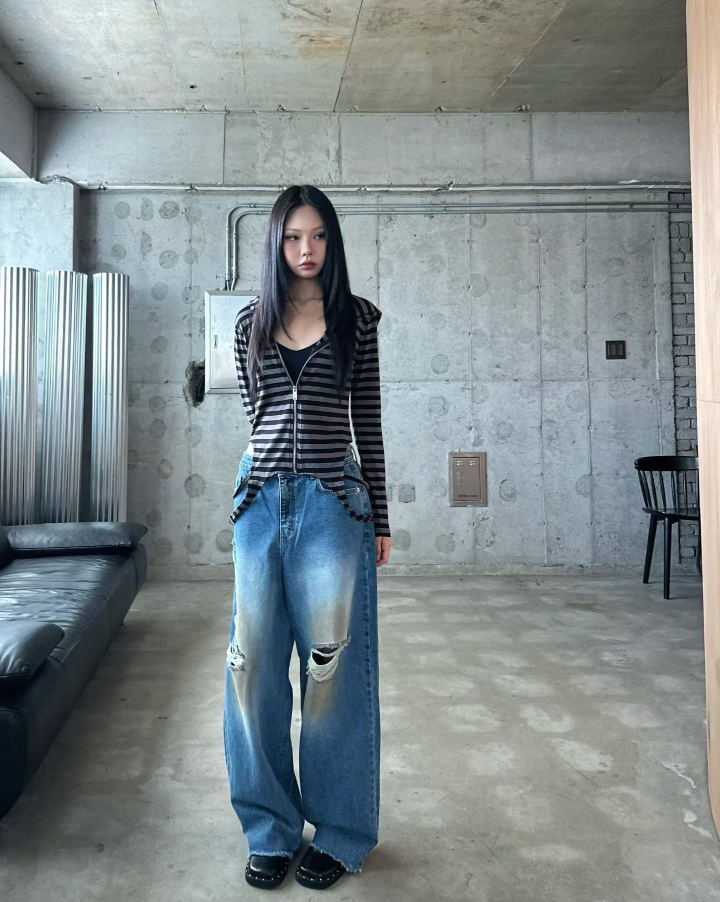 條紋腰掛帶連帽拉鍊外套