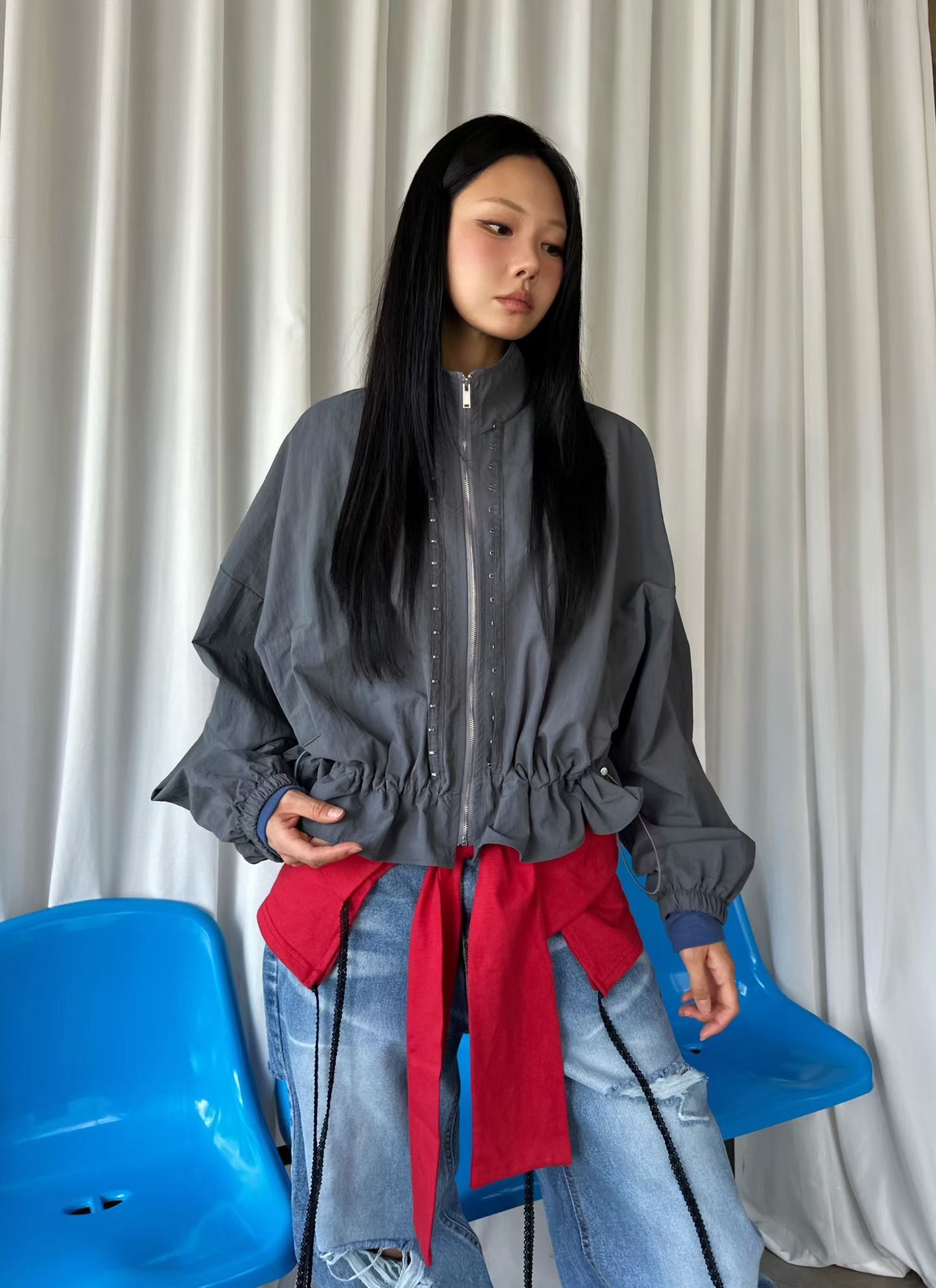 鉚釘小裙擺拉鍊夾克