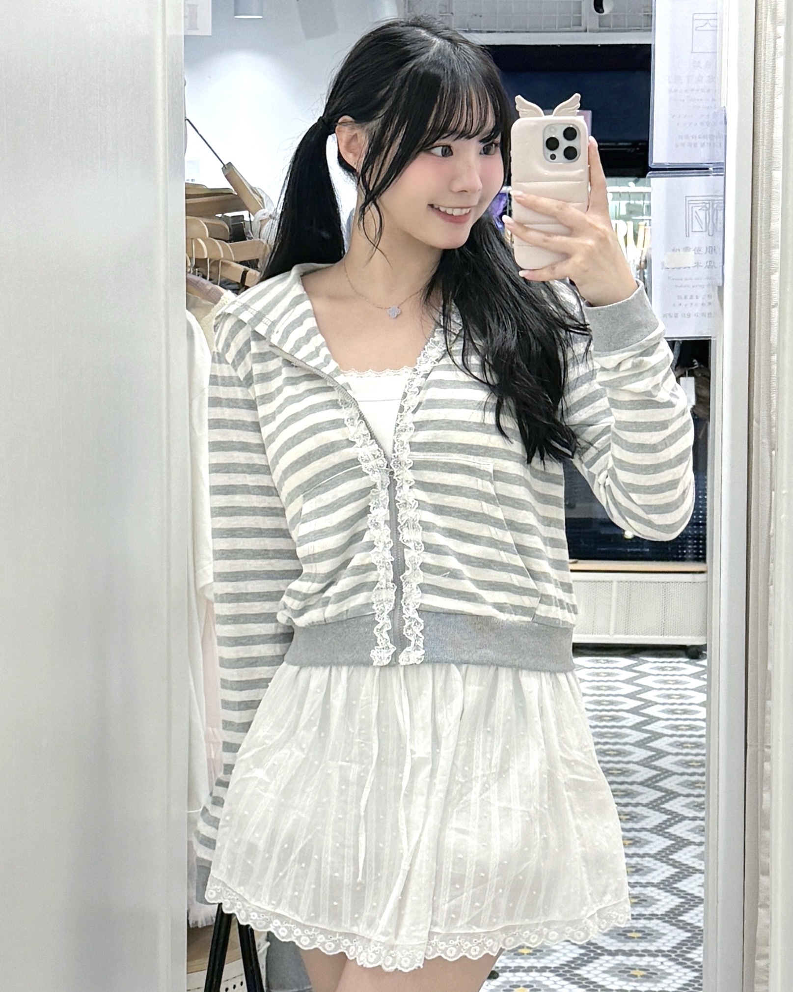 JK0465｜日系法式蕾絲邊超高質間色有帽外套໒꒱.✧ˈ‧˚⁺