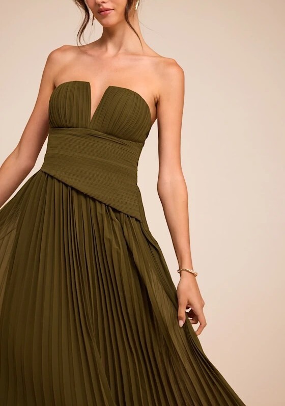 Olive Green橄欖綠色深V領斜腰飾壓摺Maxi Dress