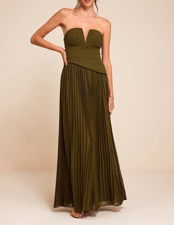 Olive Green橄欖綠色深V領斜腰飾壓摺Maxi Dress