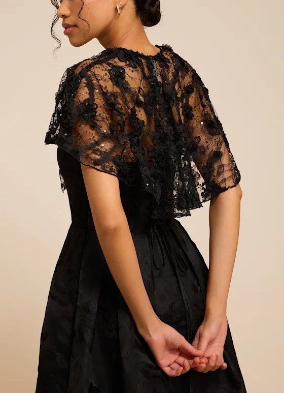 Lace Date黑色亮片薄紗蕾絲綁帶披肩小外套
